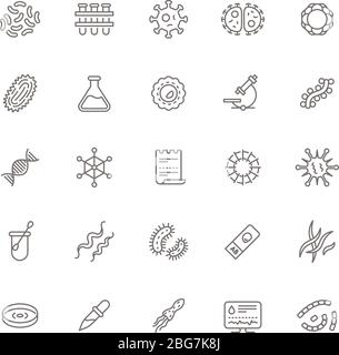 Contagion microbes, flu viruses and microorganisms line icons. Clinical laboratory equipment and microbiology vector isolated symbols. Illustration of Stock Vector