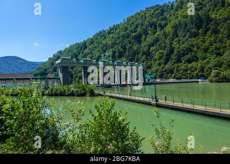 Maribor, Slovenia - August 09, 2019: The Fala Hydro Power Plant. The Hidroelektrarna Fala started in 1918 and is the oldest ROR in the Drava river Stock Photo