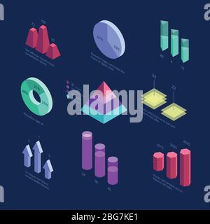 Isometric 3d business statistics data charts, percentage diagram, financial growth graphics. Vector info screen panel. Illustration of chart infograph Stock Vector