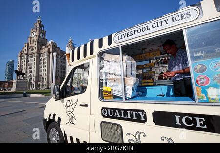 Liverpool City Ices, Ice cream Van,at the Pier Head waterfront, with Royal Liver Building, City Centre,Liverpool, Merseyside, England,UK, L3 1HU Stock Photo