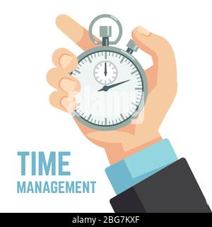 Businessman hand holding stopwatch or clock. Deadline, punctuality and time management business vector concept. Timer and punctuality, deadline stopwatch, productivity and optimization illustration Stock Vector