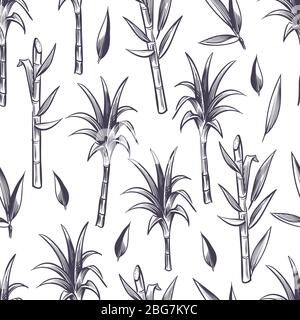 Sugar cane stalks with leaves, sugarcane plant vector seamless pattern. Sugar stalk cane seamless background, sugarcane ingredient illustration Stock Vector