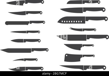 Meat cutting knives set. Kitchen metal knife isolated vector silhouettes. Knife chef, metal cut tool for cooking illustration Stock Vector