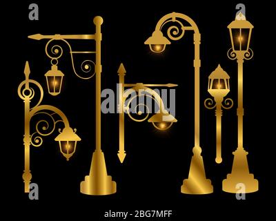 Street lamp, road lights vector golden silhouettes with shine effect illustration Stock Vector