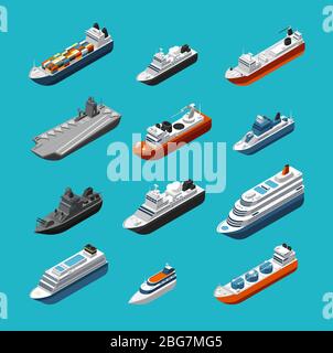 Passenger and cargo ships, sailing boats, yachts and vessels isometric vector transportation icons isolated. Liner and tugboat, tanker shipping, steamboat illustration Stock Vector