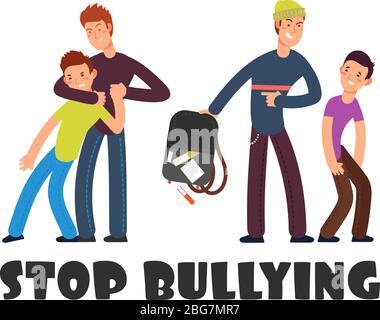 Stop bullying concept. Sad helpless kid. Negative persons and victim. Social problems vector background. Illustration of violence and harassment, bully childhood Stock Vector