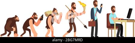 Human evolution. From monkey to businessman and computer user. Cartoon vector characters evolution human, ape and ancestors illustration Stock Vector