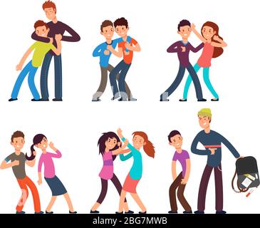Bullying kids. Stop school bully. Aggressive and sad children. Cartoon fighting teenagers vector characters set. Illustration of behavior and harassment, conflict people Stock Vector