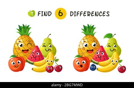 Finding differences. Children game with happy cartoon fruits. Vector illustration for kids book. Fruit apple and pineapple, plum and banana, berry and Stock Vector