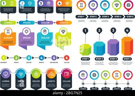 Business infographics. Info graphs, timeline and abstract circular charts with marketing icons. Vector set of connected infographic infochart, workflow business plan illustration Stock Vector