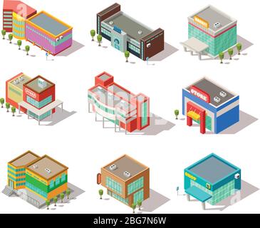 Isometric mall, store, shop and supermarket buildings. Vector city architecture isolated set. Construction shop 3d facade illustration Stock Vector