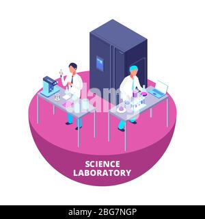 Science laboratory 3d isometric research lab with laboratory equipment and scientists vector icon isolated on white background illustration Stock Vector