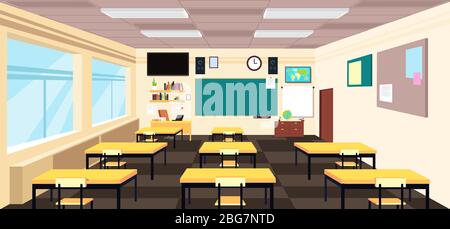 Cartoon empty classroom, high school room interior with desks and blackboard. Education vector concept. Classroom education school, class with table illustration Stock Vector