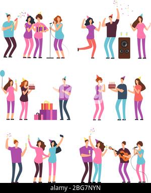 People groups at family birthday party with firecracker, cake and balloons. Vector cartoon minimal characters isolated. Illustration of happiness man Stock Vector