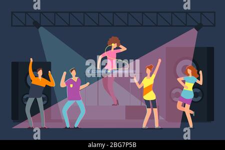 Young people crowd dencing on dance floor. Cartoon girls and boys in nightclub. Nightlife on disco party vector concept. Disco music night club, perfo Stock Vector