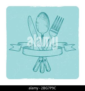 Hand drawn knife, spoon and fork in retro banner ribbons isolate on white. Vector illustration Stock Vector