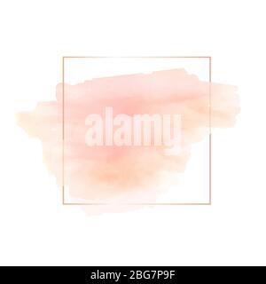 Beige natural watercolor texture in a gold frame. Modern graphic design. Vector banner. Hand drawn monochrome design element Stock Vector
