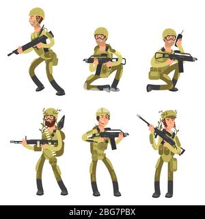 Army cartoon man soldiers in uniform isolated on white background. Military concept vector illustration Stock Vector