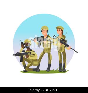 Group of soldiers vector illustration. Military male and female cartoon character isolated on white Stock Vector
