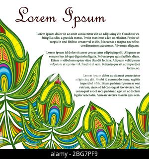 Oriental vector background banner with colored peacock bird feathers illustration Stock Vector