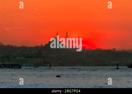 Fatih, Istanbul, Turkey, 03 March 2007: Sunset, Suleymaniye Mosque, Sultan Suleyman 1557 Stock Photo