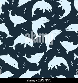 Happy group dolphins silhouettes seamless pattern. Sealife vector background illustration Stock Vector