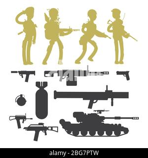 Silhouettes of military soldiers, ammunition, guns and weapons isolated on whiye background vector collection illustration Stock Vector