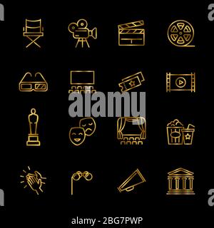 Golden entertainment and performance line vector icons. Shiny theater and cinema outline symbols illustration Stock Vector