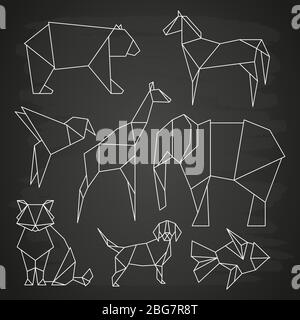White line vector polygonal wild animals, fish and bird on blackboard. Linear dog and bear, elephant and giraffe illustration Stock Vector