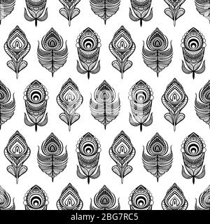 Black and white mandala feathers seamless pattern for print, textile, wallpaper. Vector illustration Stock Vector
