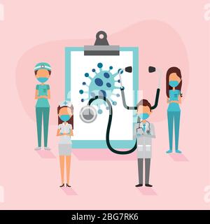 medical staff using face masks with stethoscope and checklist Stock Vector