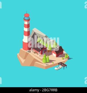 Isometric lighthouse. Island with tower and house, trees and boat at sea. 3d lighthouse tower vector illustration. Light house in sea, isometric tower Stock Vector