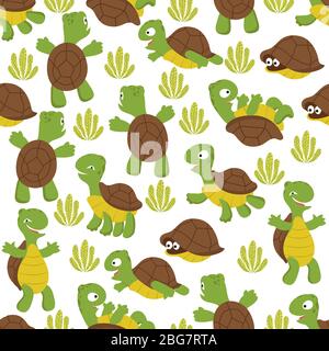 Turtle seamless pattern. Wild cute tortoise print texture for kids textile. Wildlife terrapins background illustration Stock Vector