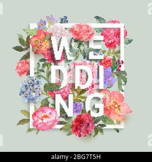 White letters Wedding in watercolor flowers and in a white frame. Banner, card with a blooming pink hydrangea, roses and leaves hand drawn. Excellent Stock Vector