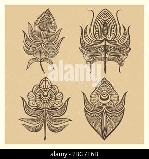 Vintage mandala style feathers collection isolated vector illustration retro of set Stock Vector