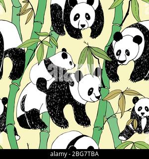 Beautiful panda bamboo pattern, great design for any purposes. Bamboo tree vector pattern. Wildlife character. Graphic abstract background. Animal Stock Vector