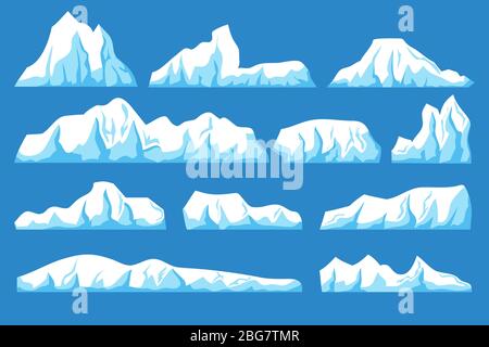 Cartoon floating iceberg vector set. Ocean ice rocks landscape for climate and environment protection concept. Iceberg cold, nature winter glacier ill Stock Vector