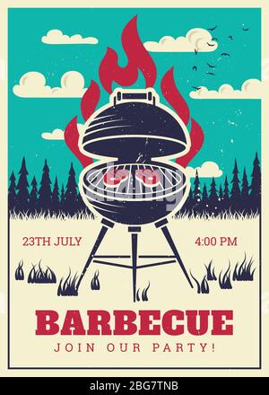 Vintage bbq grill party poster. Delicious grilled burgers, family barbecue vector invitation card. Barbecue vintage grill party illustration Stock Vector