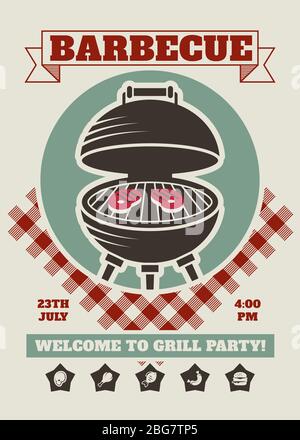 Retro barbecue party restaurant invitation template. BBQ cookout vector poster with classic charcoal grill. Cooking summer outdoor banner, cook weeken Stock Vector