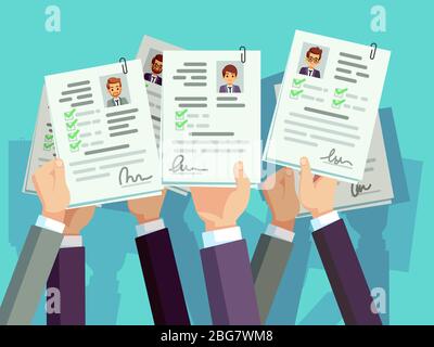 Job competition. Candidates hold cv resume. Recruitment and human resource vector concept. Illustration of resume candidate illustration Stock Vector