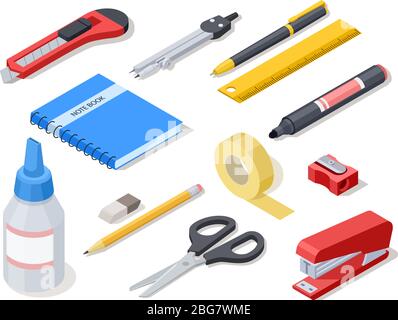 Isometric office tools. School stationery and supplies. Vector 3d icons. Illustration of ruler and compass, rubber and sharpener, knife and stapler Stock Vector