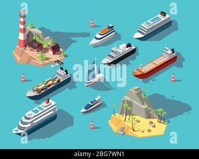 Isometric ships. Boats and sailing vessels, ocean tropical island with lighthouse and beach. 3d vector illustration. Boat nautical, sailboat and yacht Stock Vector