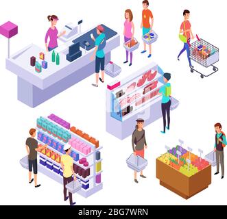 Isometric grocery store. 3d supermarket interior with shopping people customers and products. Retail vector set. Interior of 3d supermarket store, isometric grocery with customers Stock Vector