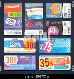 Discount voucher and cutting shopping coupons. Free sale tickets vector design. Voucher price promotion, retail coupon illustration Stock Vector