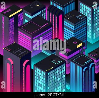 Isometric night city. 3d illuminated buildings. Future urban landscape. Vector illustration. Night skyscraper cityscape, bright downtown Stock Vector