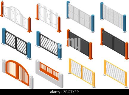 Isometric fences and gates. Rural farm fencing. 3d vector set. Illustration of construction wall decoration, exterior barrier Stock Vector