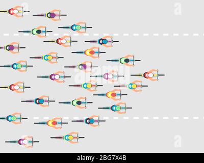 Bike racing. Group of athletes on bicycles. Persons cycling on street in top view. Vector sports background. Bicycle sport competition, cycling race s Stock Vector