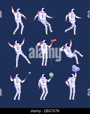 Astronauts. Cartoon cosmonauts in spacesuits in space. Vector spaceman characters for game. Illustration of people character in galaxy Stock Vector
