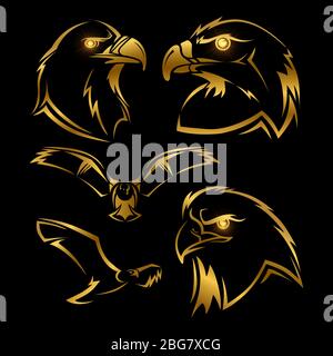 Golden eagle, hawk vector mascots set. Shine eagles vector isolated on black background illustration Stock Vector