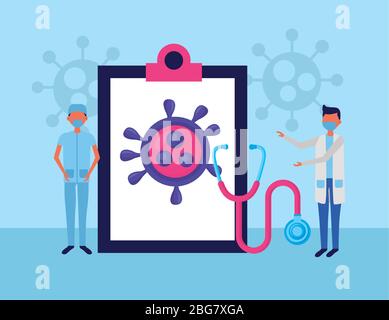 doctors using face masks with checklist and covid19 particles Stock Vector